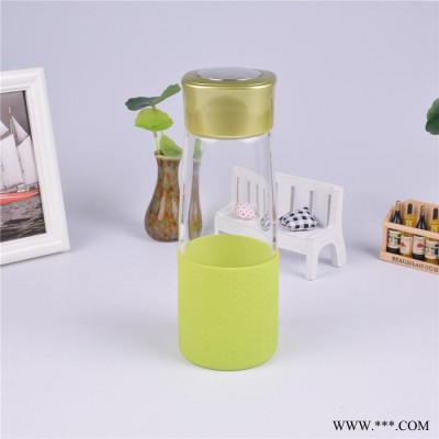 直销韩版创意玻璃水杯 可爱糖果色硅胶套玻璃带硅胶套玻璃