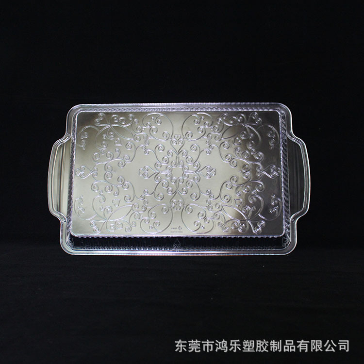 厂家定制PS一次性塑料托盘长方形塑料餐盘35cm透明塑料花纹餐示例图5