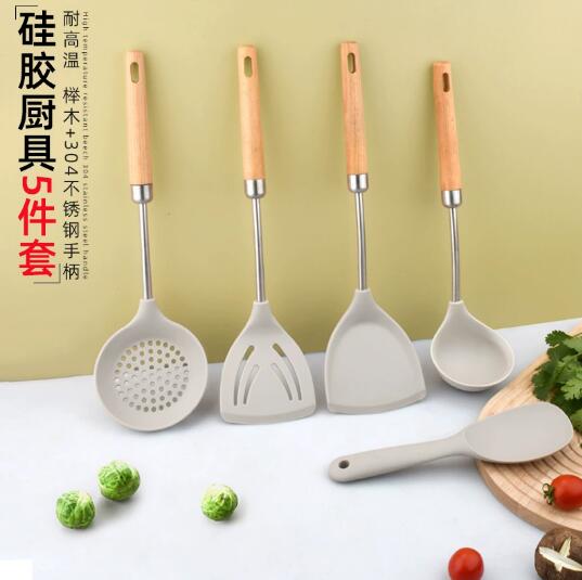现货厂家直供榉木柄硅胶厨具304不锈钢硅胶铲勺硅胶锅铲5件套装