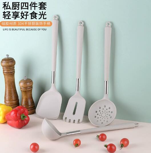 现货厂家直供304不锈钢硅胶手柄硅胶厨具硅胶铲勺不粘锅硅胶锅铲