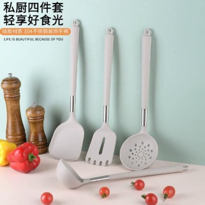 现货厂家直供304不锈钢硅胶手柄硅胶厨具硅胶铲勺不粘锅硅胶锅铲